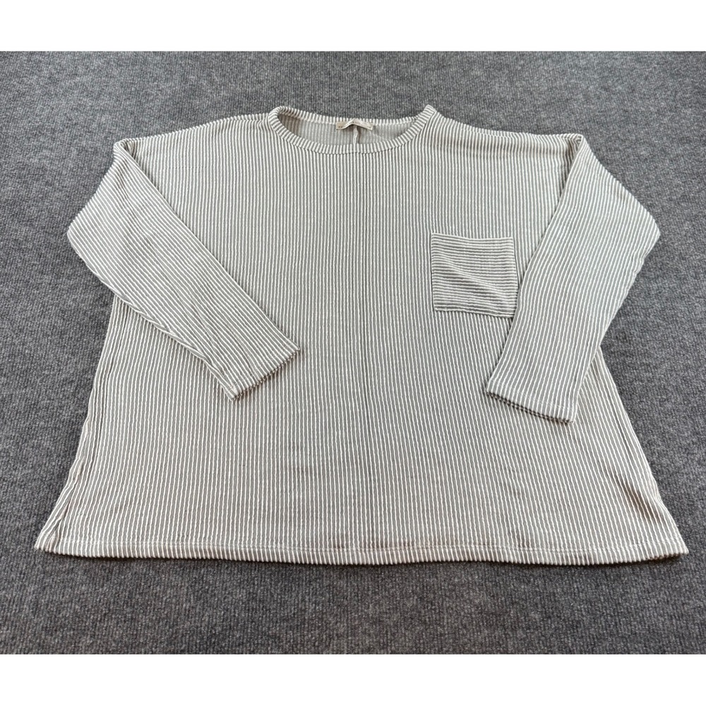 Zenana Womens Grey White Striped Long Sleeve Pocket Top RRT-8429A L/XL